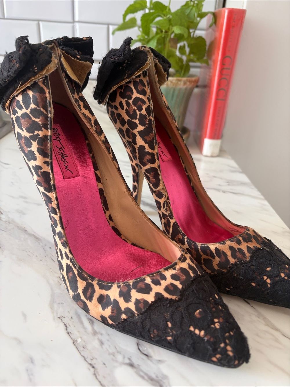 Betsey Johnson Leopard Print Pointed Heels with Black Lace Accent - Picture 2 of 3